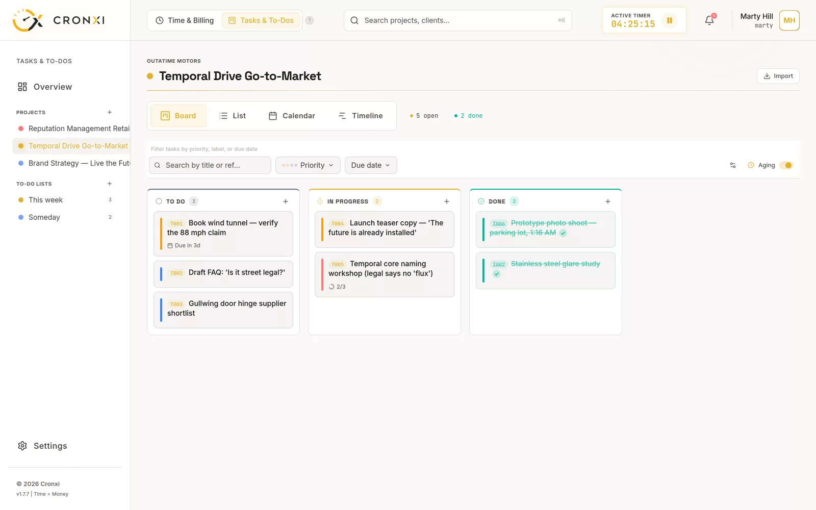 Cronxi kanban board for a project, with To Do, In Progress, and Done columns