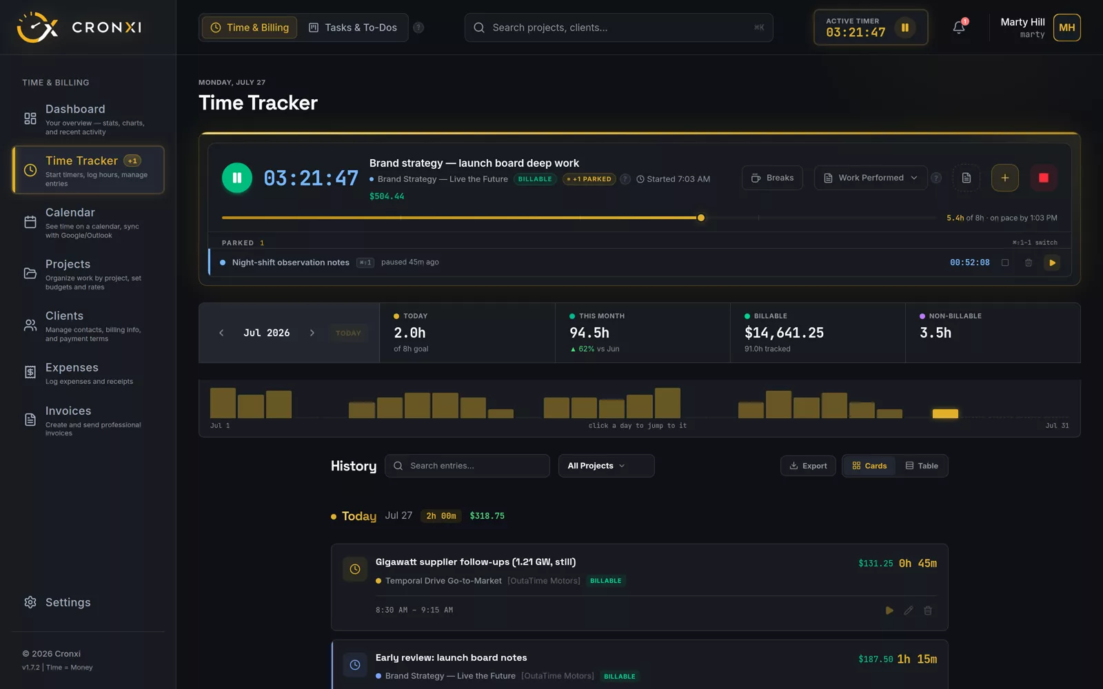Cronxi time tracker with a running timer, a parked timer, and a month activity heatmap